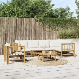 Set de muebles de jardín 7 piezas bambú y cojines blanco crema