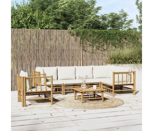 Set de muebles de jardín 7 piezas bambú y cojines blanco crema