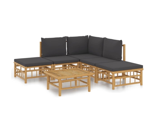 Set de muebles de jardín 6 piezas bambú con cojines gris oscuro
