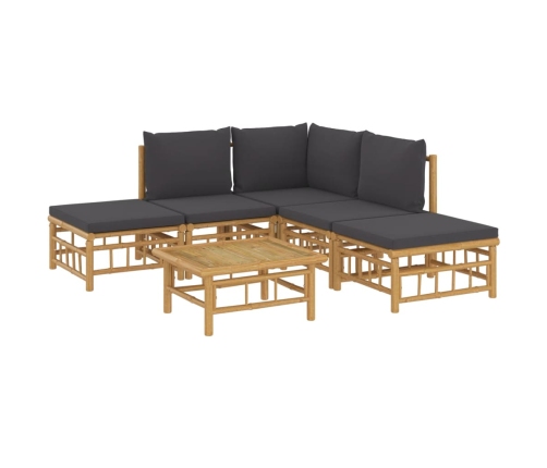 Set de muebles de jardín 6 piezas bambú con cojines gris oscuro