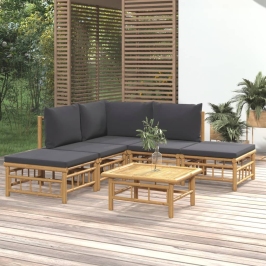 Set de muebles de jardín 6 piezas bambú con cojines gris oscuro