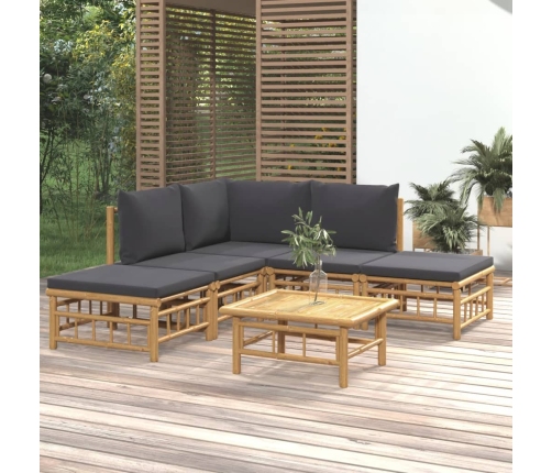 Set de muebles de jardín 6 piezas bambú con cojines gris oscuro