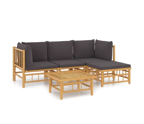Set de muebles de jardín 5 piezas bambú con cojines gris oscuro
