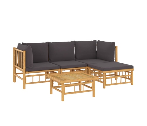 Set de muebles de jardín 5 piezas bambú con cojines gris oscuro
