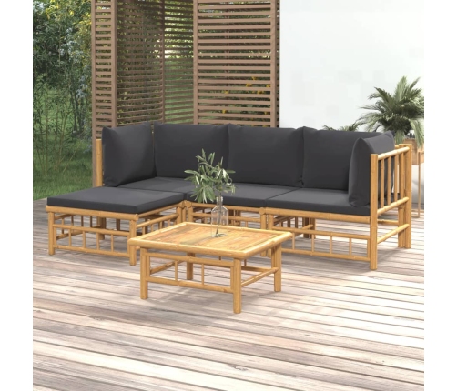 Set de muebles de jardín 5 piezas bambú con cojines gris oscuro