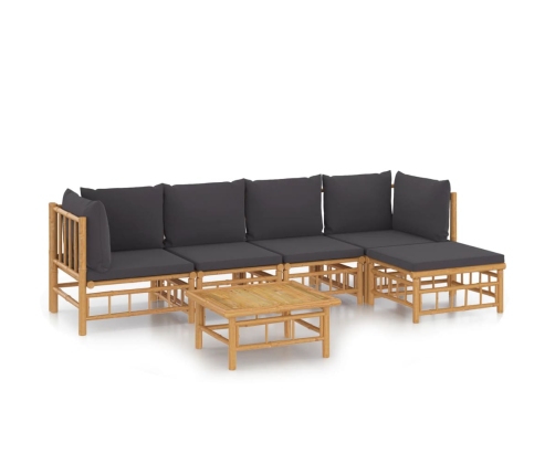 Set de muebles de jardín 6 piezas bambú con cojines gris oscuro