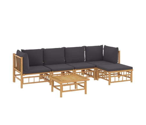 Set de muebles de jardín 6 piezas bambú con cojines gris oscuro