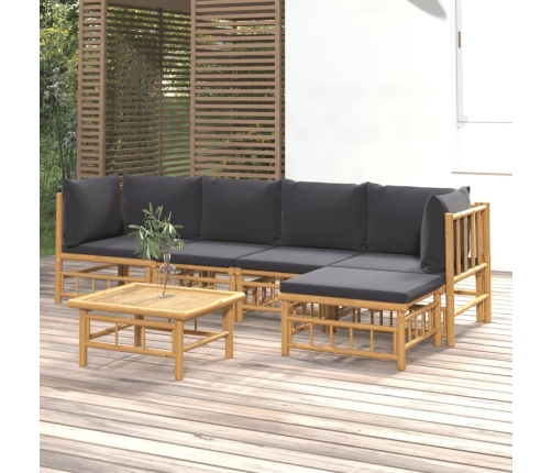 Set de muebles de jardín 6 piezas bambú con cojines gris oscuro