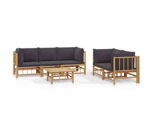 Set de muebles de jardín 6 piezas bambú con cojines gris oscuro