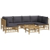 Set de muebles de jardín 7 piezas bambú con cojines gris oscuro