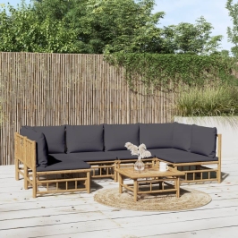Set de muebles de jardín 7 piezas bambú con cojines gris oscuro