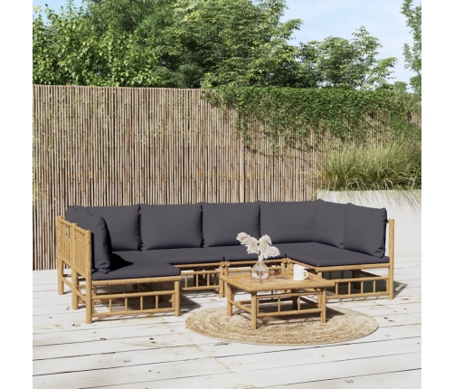Set de muebles de jardín 7 piezas bambú con cojines gris oscuro