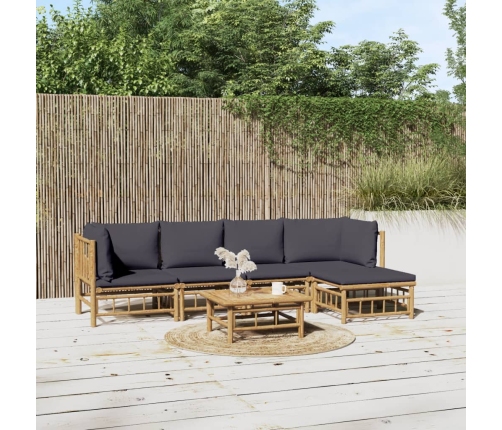 Set de muebles de jardín 6 piezas bambú con cojines gris oscuro