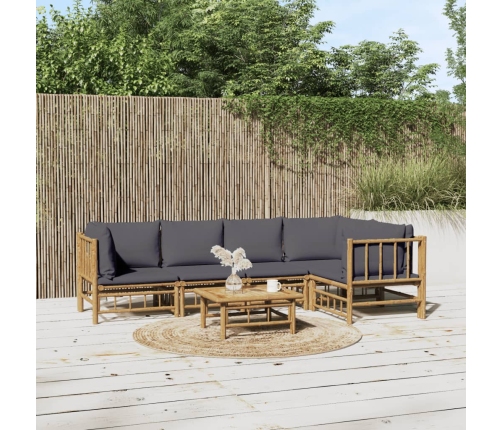 Set de muebles de jardín 6 piezas bambú con cojines gris oscuro