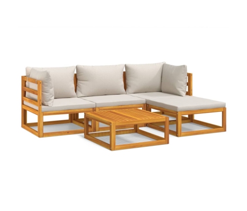Set muebles de jardín 5 pzas madera maciza y cojines gris claro