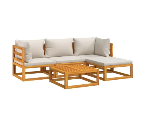 Set muebles de jardín 5 pzas madera maciza y cojines gris claro