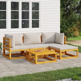 Set muebles de jardín 5 pzas madera maciza y cojines gris claro