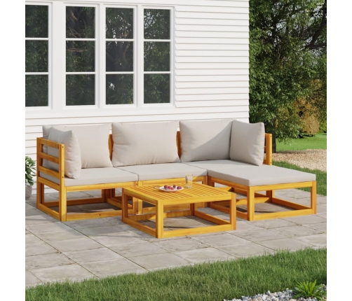 Set muebles de jardín 5 pzas madera maciza y cojines gris claro
