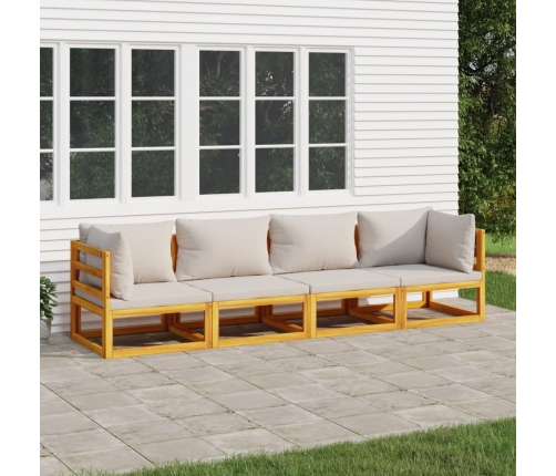 Set muebles de jardín 4 pzas madera maciza y cojines gris claro