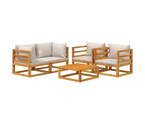 Set muebles de jardín 5 pzas madera maciza y cojines gris claro