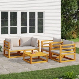 Set muebles de jardín 5 pzas madera maciza y cojines gris claro