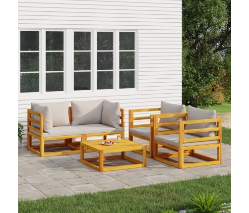 Set muebles de jardín 5 pzas madera maciza y cojines gris claro