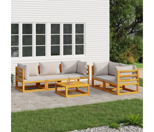 Set muebles de jardín 6 pzas madera maciza y cojines gris claro