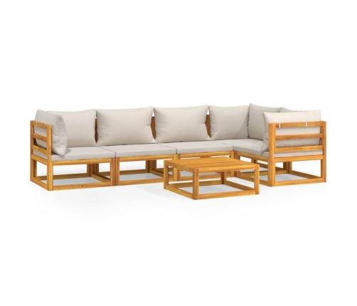 Set muebles de jardín 6 pzas madera maciza y cojines gris claro