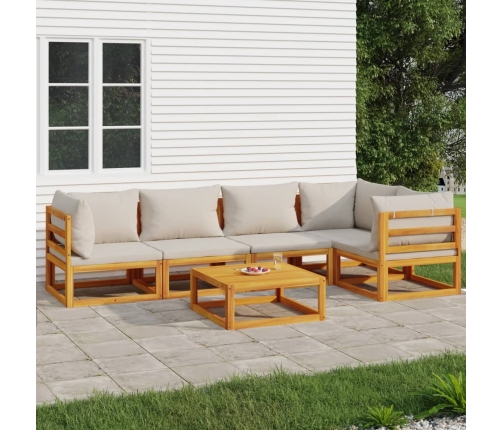 Set muebles de jardín 6 pzas madera maciza y cojines gris claro