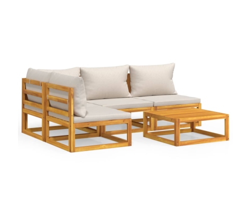 Set muebles de jardín 5 pzas madera maciza y cojines gris claro