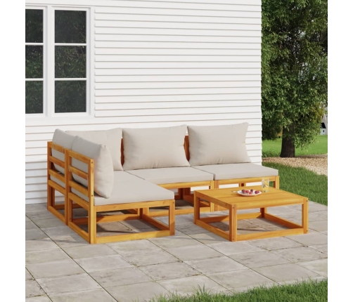 Set muebles de jardín 5 pzas madera maciza y cojines gris claro