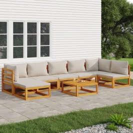 Set muebles de jardín 8 pzas madera maciza y cojines gris claro