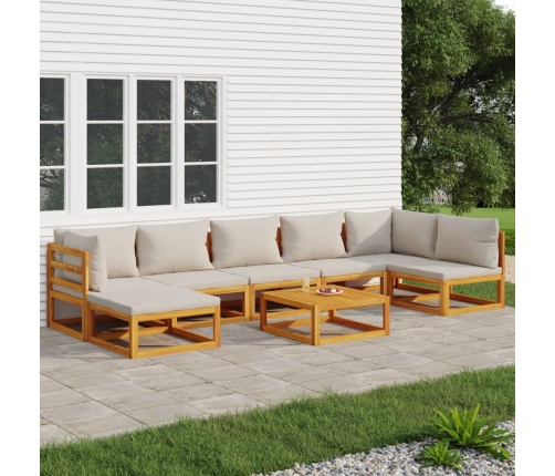 Set muebles de jardín 8 pzas madera maciza y cojines gris claro
