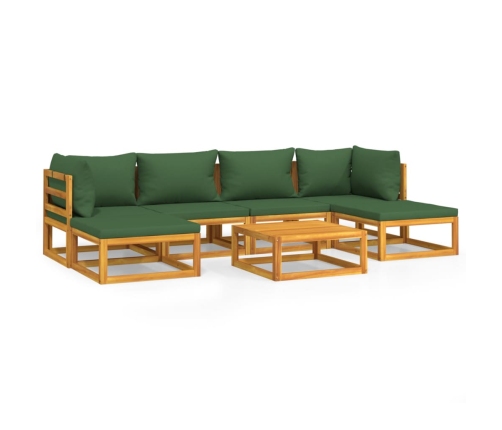 Juego muebles de jardín 7 piezas madera maciza y cojines verdes
