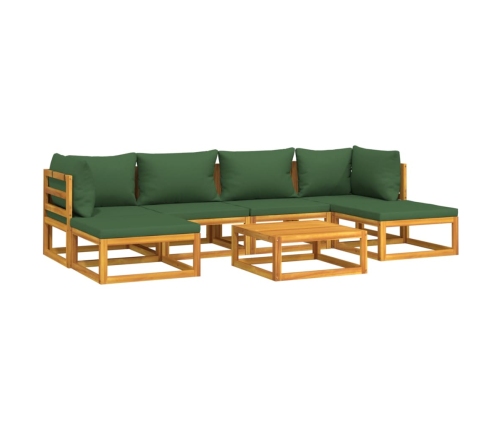 Juego muebles de jardín 7 piezas madera maciza y cojines verdes