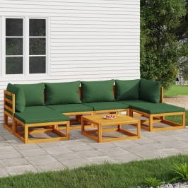 Juego muebles de jardín 7 piezas madera maciza y cojines verdes