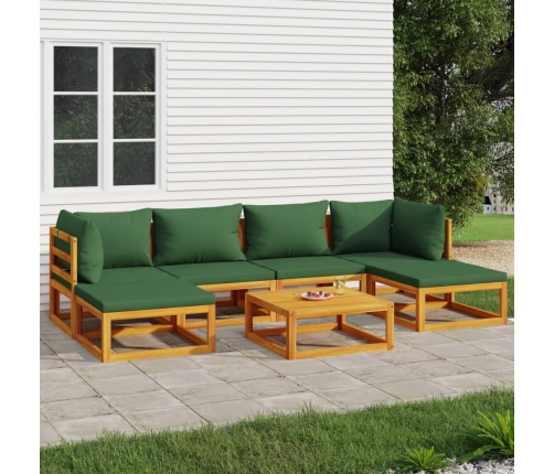 Juego muebles de jardín 7 piezas madera maciza y cojines verdes