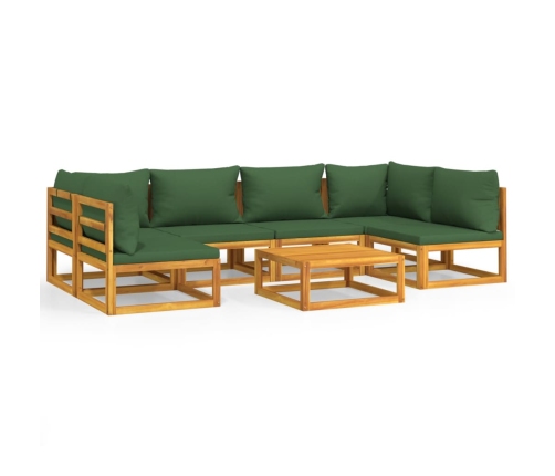 Juego muebles de jardín 7 piezas madera maciza y cojines verdes