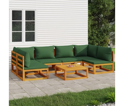 Juego muebles de jardín 7 piezas madera maciza y cojines verdes