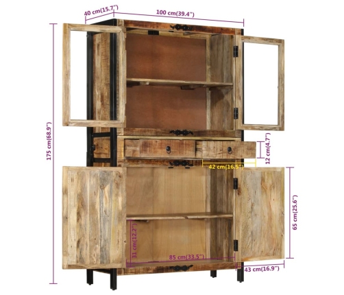 Aparador de madera maciza de mango sin tratar 100x40x175 cm