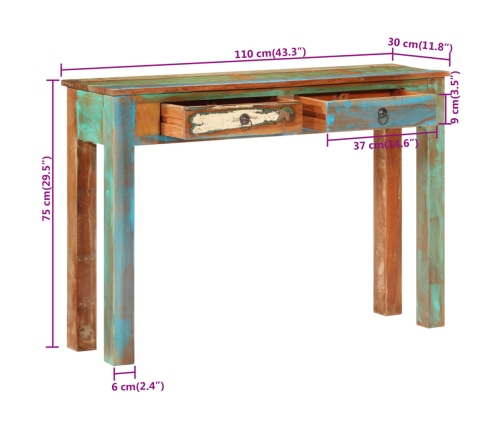 Mesa consola madera maciza reciclada 110x30x75 cm