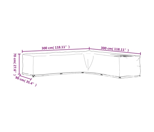 Funda para muebles de jardín forma de L 20 ojales 300x300x70 cm