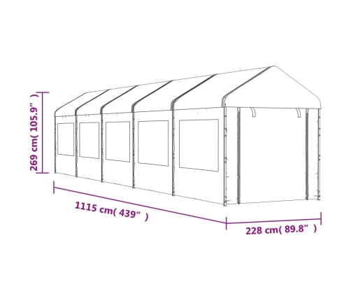 Cenador con techo polietileno blanco 11,15x2,28x2,69 m