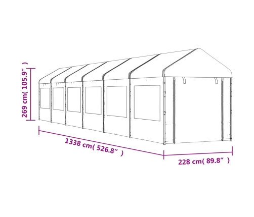 Cenador con techo polietileno blanco 13,38x2,28x2,69 m