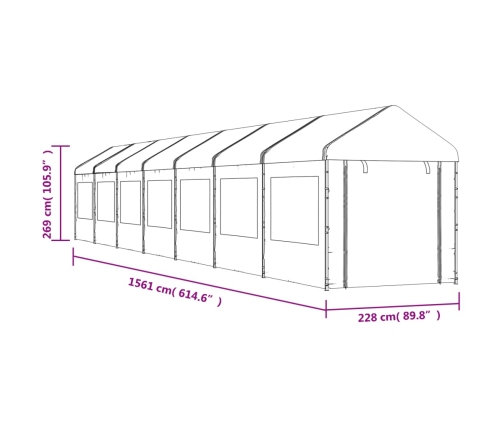 Cenador con techo polietileno blanco 15,61x2,28x2,69 m