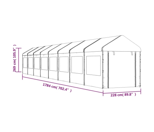 Cenador con techo polietileno blanco 17,84x2,28x2,69 m