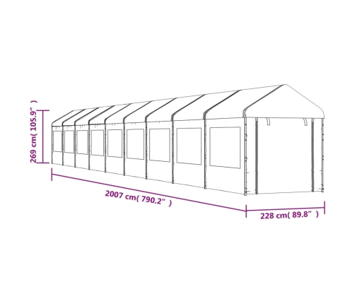 Cenador con techo polietileno blanco 20,07x2,28x2,69 m