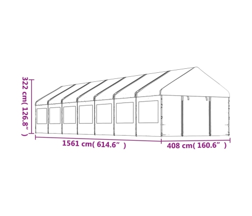 Cenador con techo polietileno blanco 15,61x4,08x3,22 m