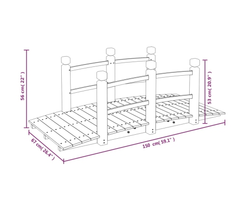 Puente de jardín con barandillas madera de abeto 150x67x56cm