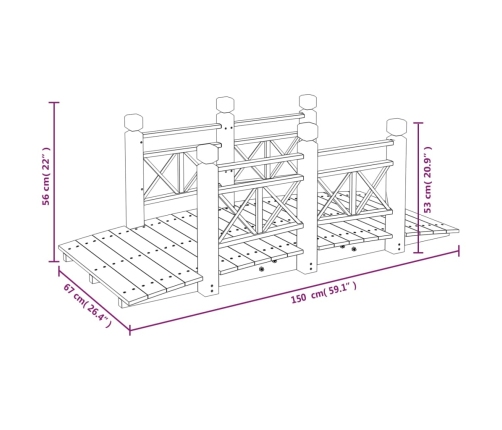 Puente de jardín con barandillas madera de abeto 150x67x56cm